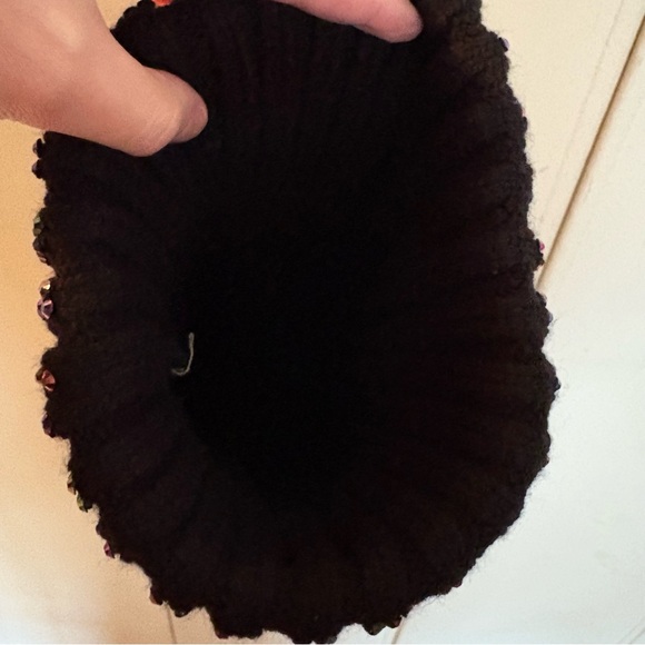 Black Knit Beanie Hat with Iridescent Purple Rhinestones and a Black Pom Pom - Picture 2 of 2